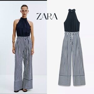 Zara Navy and White Striped Linen Blend Long Jumpsuit Sz S Like New
